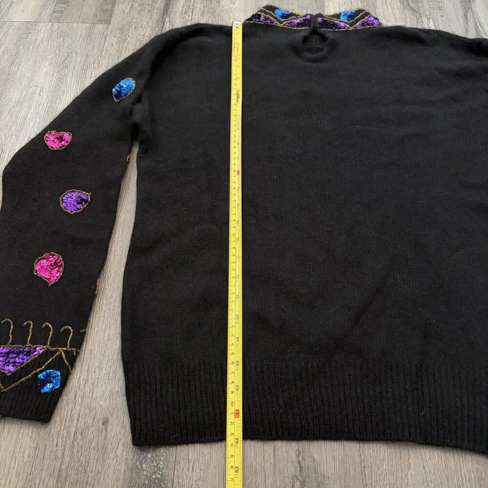 Vintage 80s Sweater Joule Energy Womens Medium Black Pink Bead Gems Angoral Silk